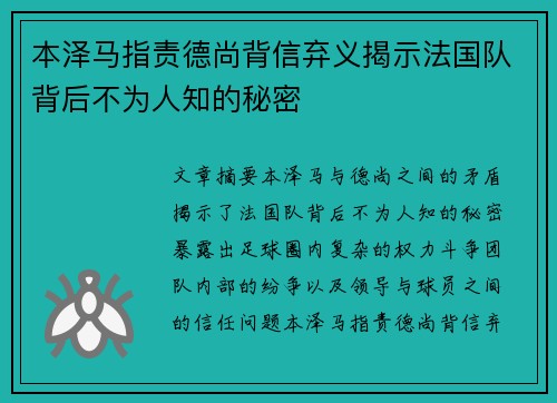 本泽马指责德尚背信弃义揭示法国队背后不为人知的秘密