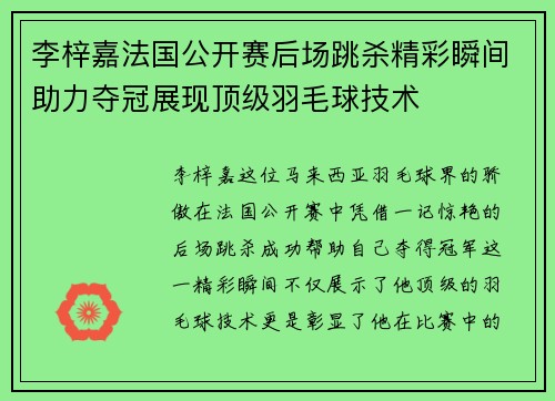 李梓嘉法国公开赛后场跳杀精彩瞬间助力夺冠展现顶级羽毛球技术 李梓嘉法国公开赛后场跳杀精彩瞬间助力夺冠展现顶级羽毛球技术