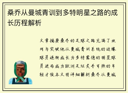 桑乔从曼城青训到多特明星之路的成长历程解析