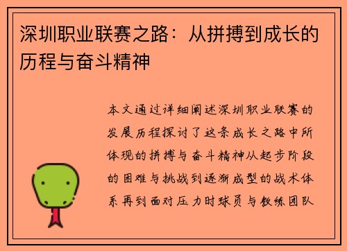 深圳职业联赛之路：从拼搏到成长的历程与奋斗精神