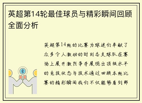 英超第14轮最佳球员与精彩瞬间回顾全面分析